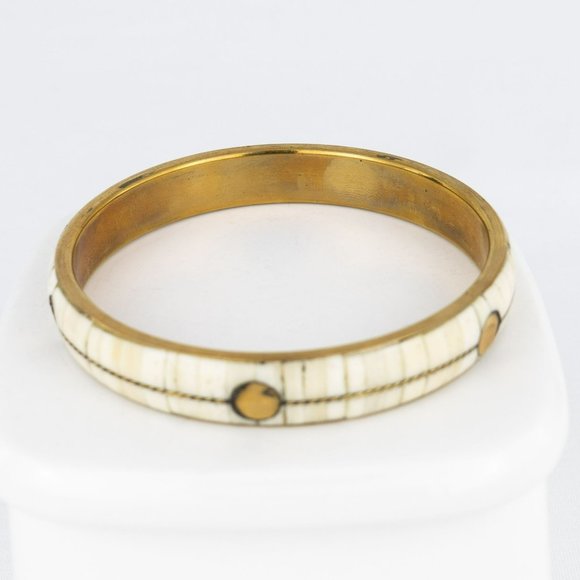 COPY - Brass Inlaid Bone Bangle Bracelet Panel Rectangle Off-White Circles Conv… - Picture 6 of 8